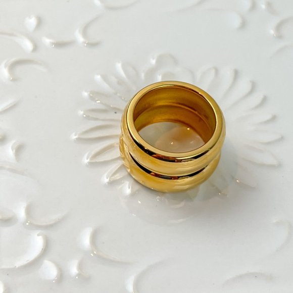 Stainless Steel Double Dome Ring Gold Plated Chunky Gold Ring Wide Thick Ring - Picture 5 of 7